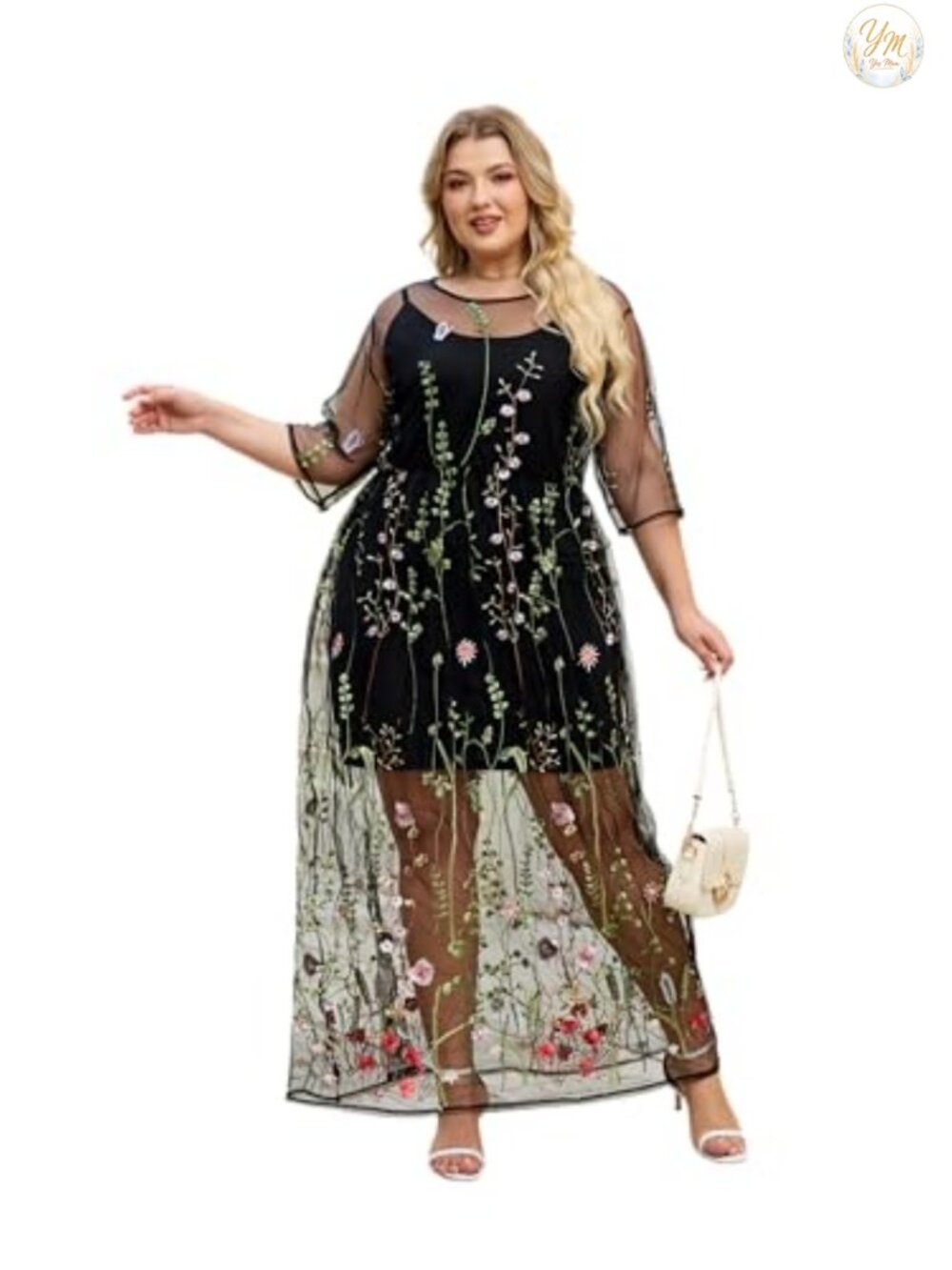 Womens Floral Embroidered Tulle Midi Dress V Neck 3/4 Sleeve Waist Strap